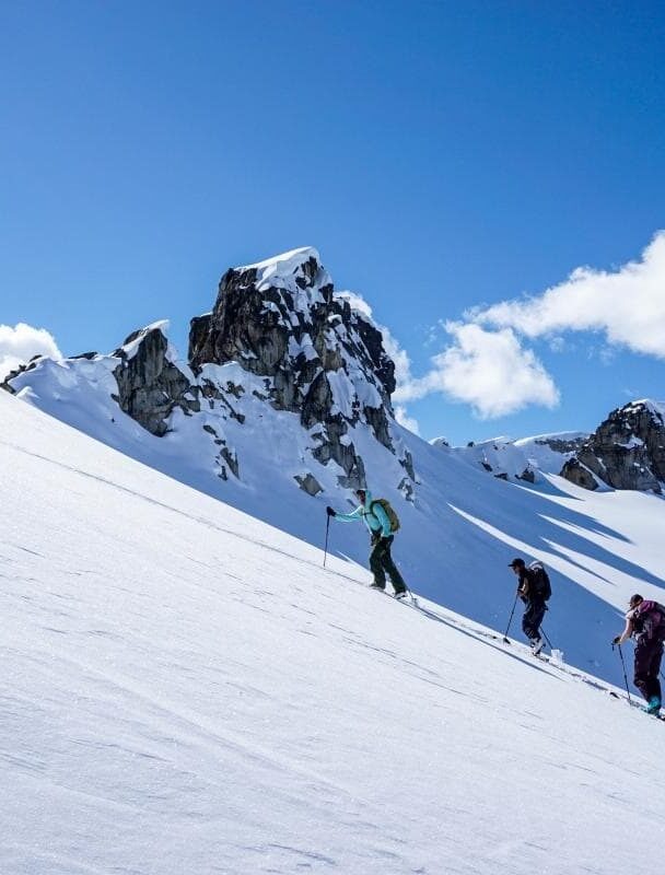 Incredible downhill run with a mountain as a backdrop