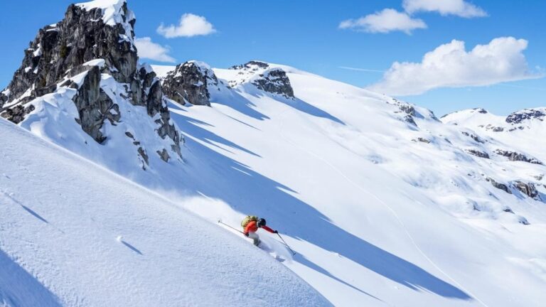 Incredible downhill run with a mountain as a backdrop