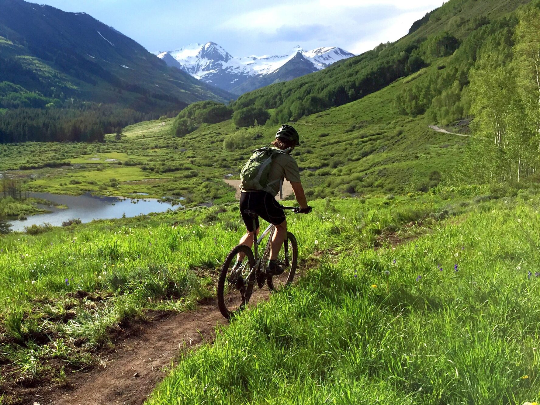 Mountain biking in Crested Butte while surrounded by lush green woods and mountain ranges.