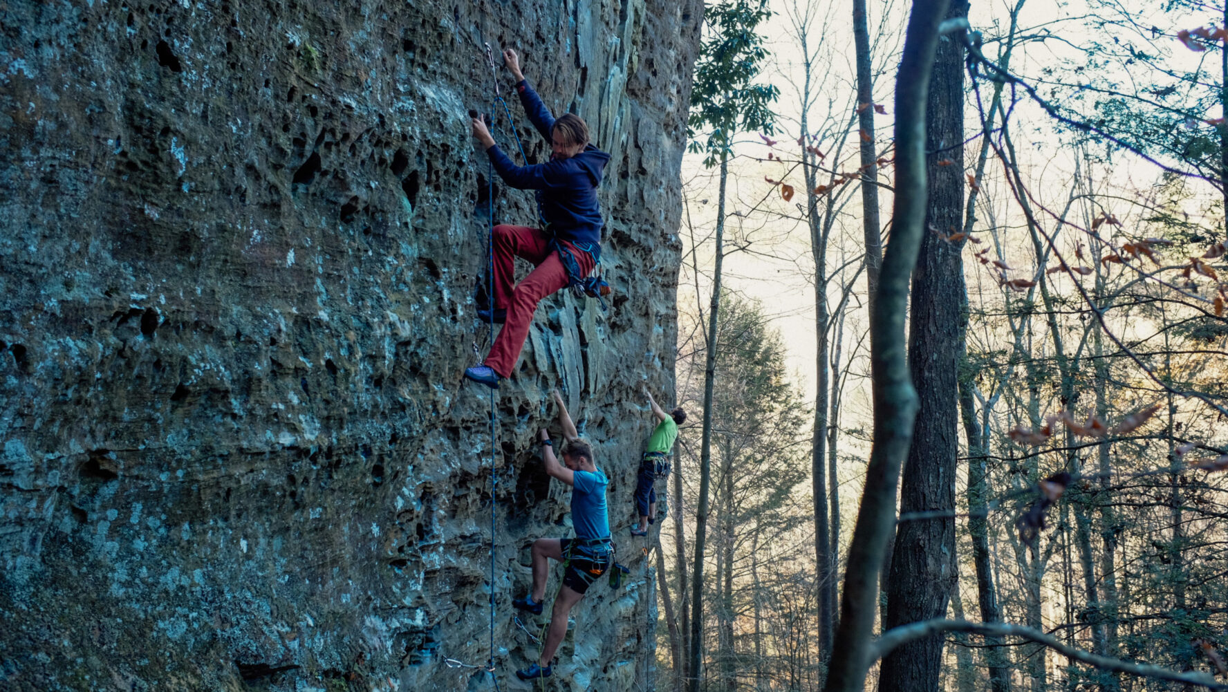 Climbers climbing in the shade