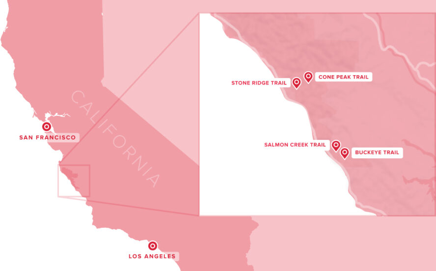 Map showing the best backpacking trails in Big Sur, California 