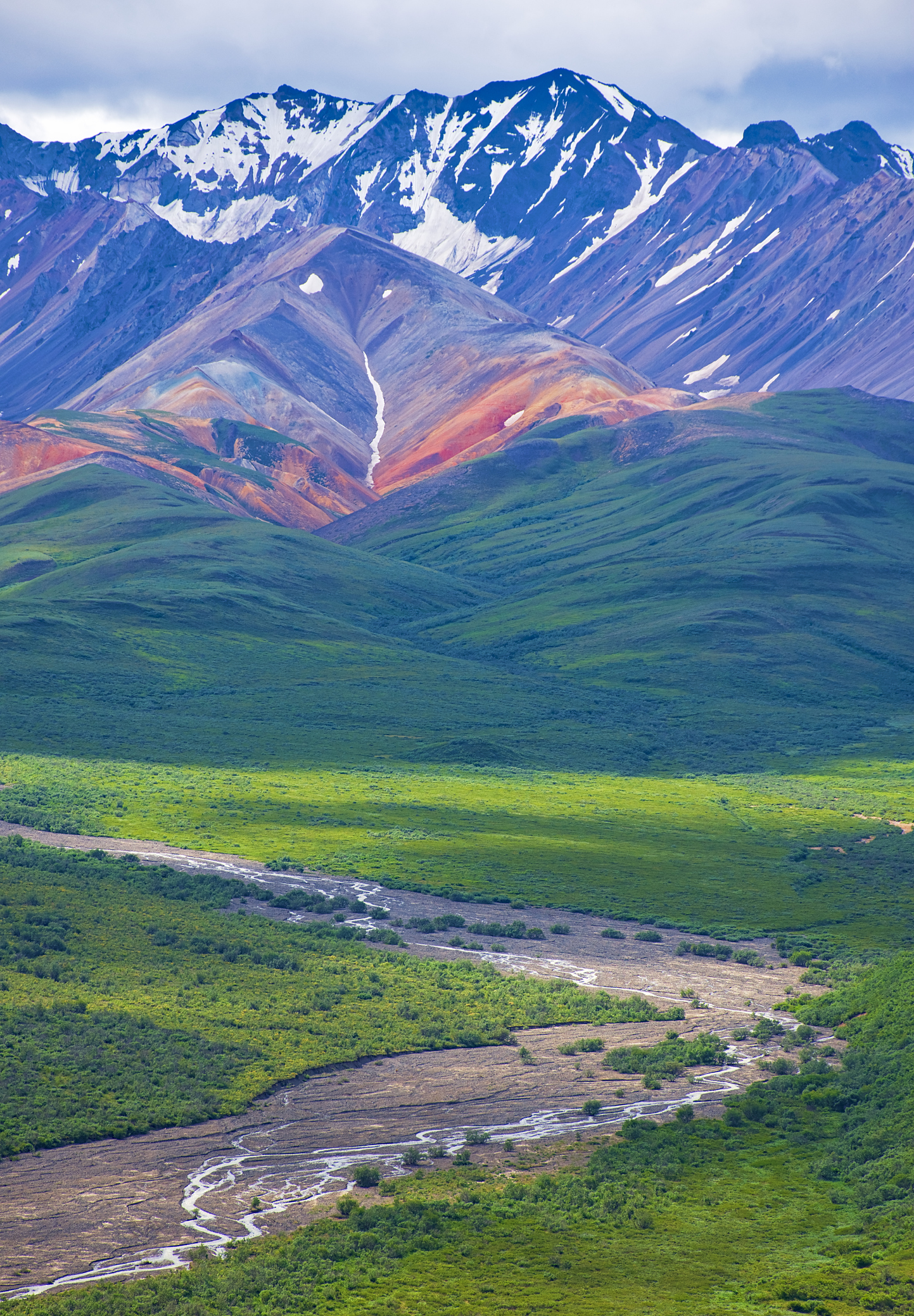 With its huge mountains and surrounded by a wonderful biodiversity lies the Denali National Park and Preserve. River, trees and cloud sky. Landscape, fine art. Parks Hwy, Alaska, EUA: July 28, 2018