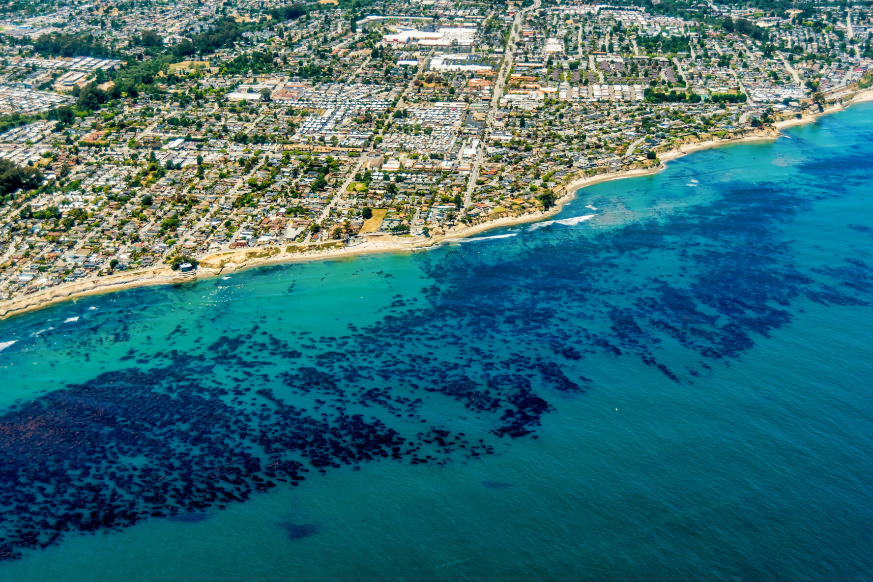 Aerial view of the beach at the city of Santa Cruz on a sunny summer day.