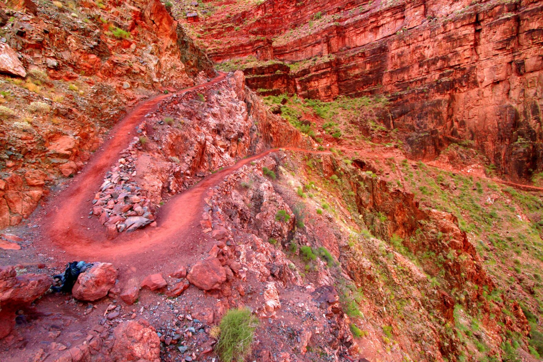 A red path on the Bright Angel Trail.