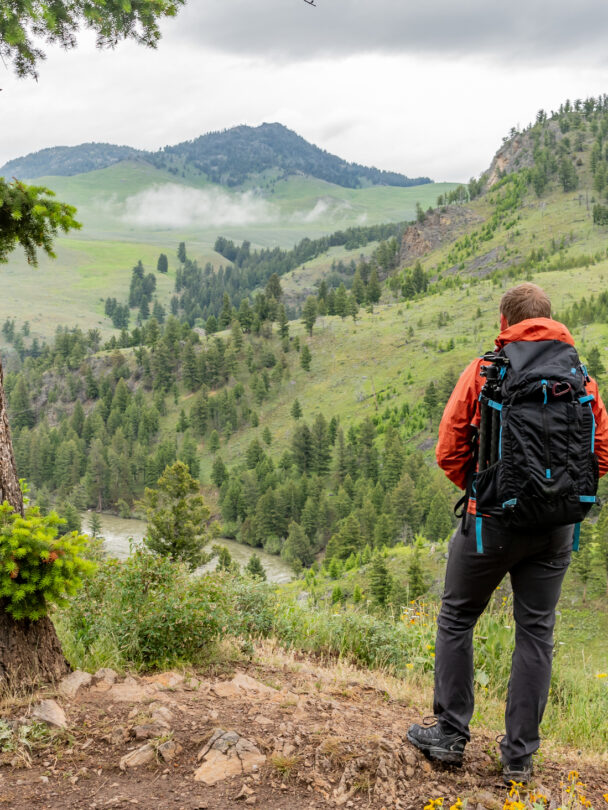 "Woman looking at Lower Falls at Yellowstone National Park, Wyoming, USA."