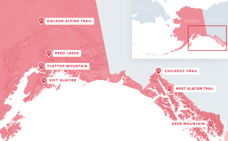 Map of the 7 best hiking trails in Alaska