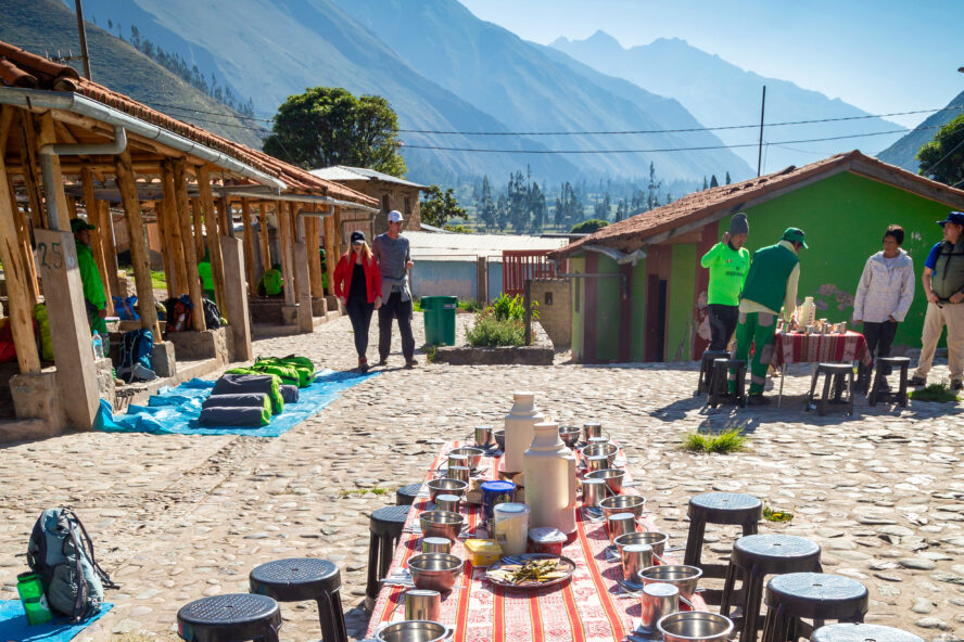 Food is prepared family-style using local ingredients and served in camp on this Inca Trail hike.