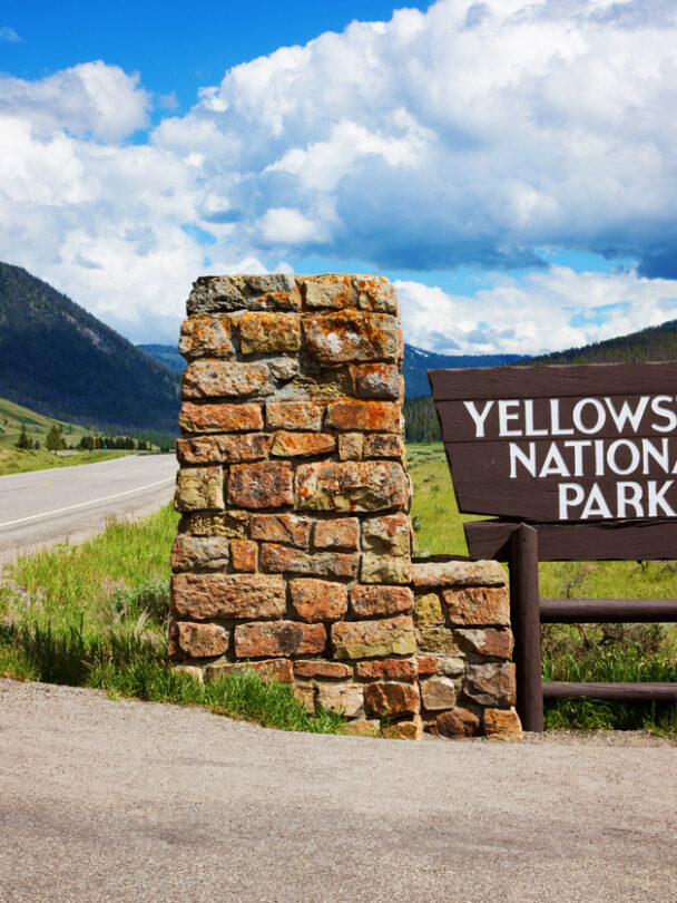 "Woman looking at Lower Falls at Yellowstone National Park, Wyoming, USA."