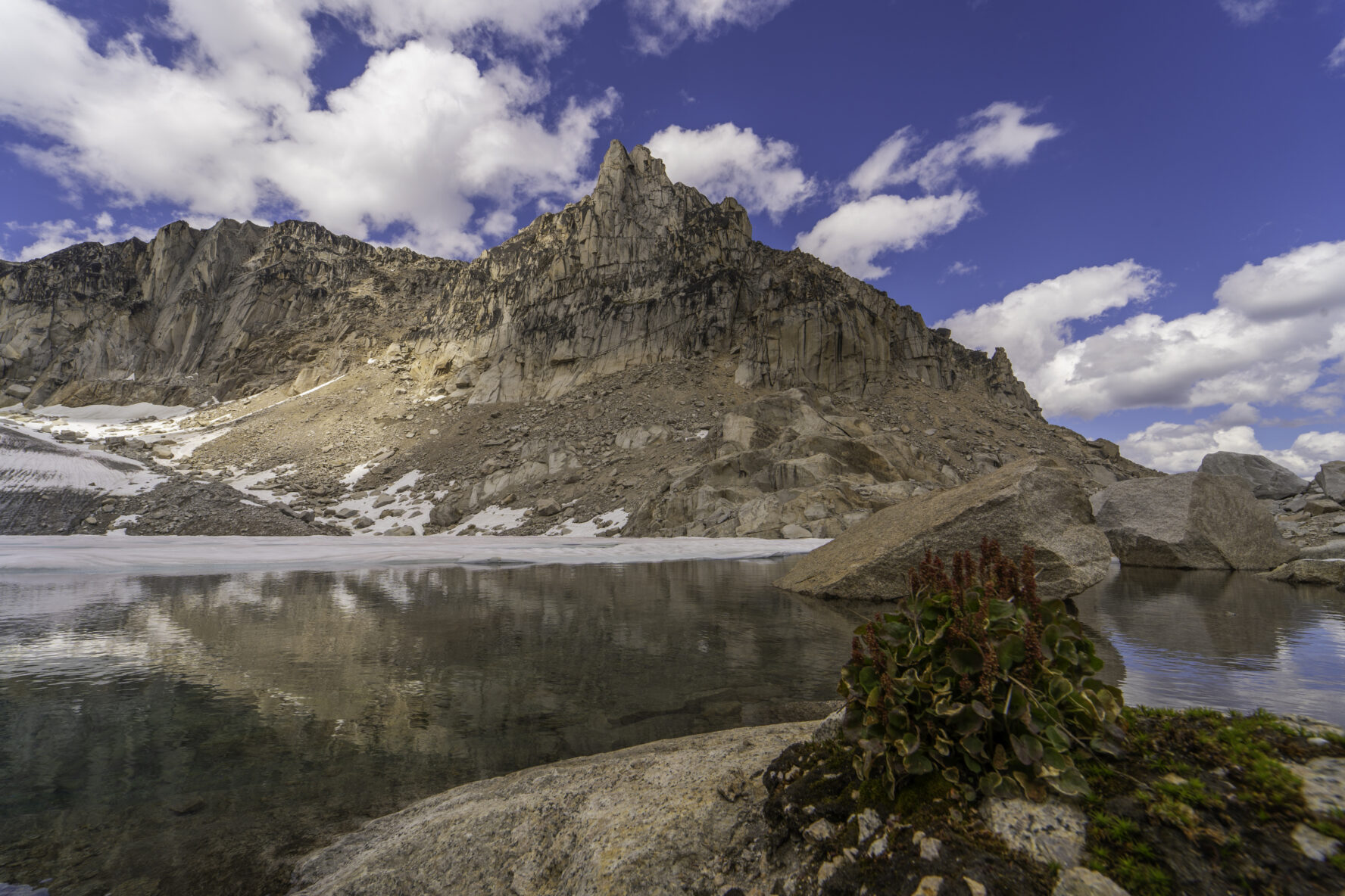 Glacier lake and Donkey ear mountain on a cloudy day in Bugaboos provincial park, BC, Canada