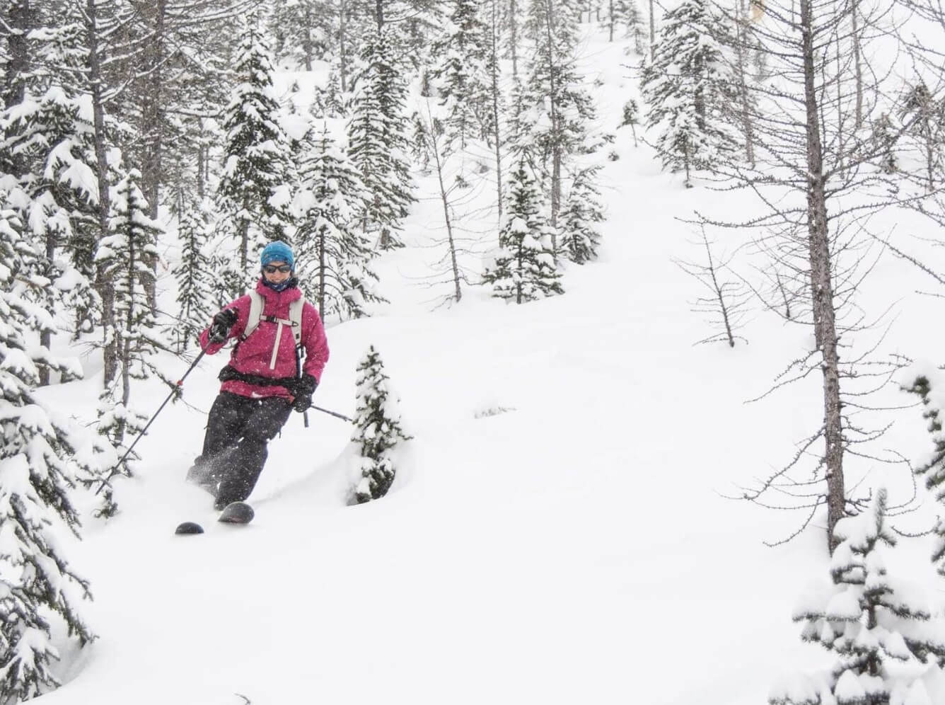 A skier descending a slope in the Canadian Rockies