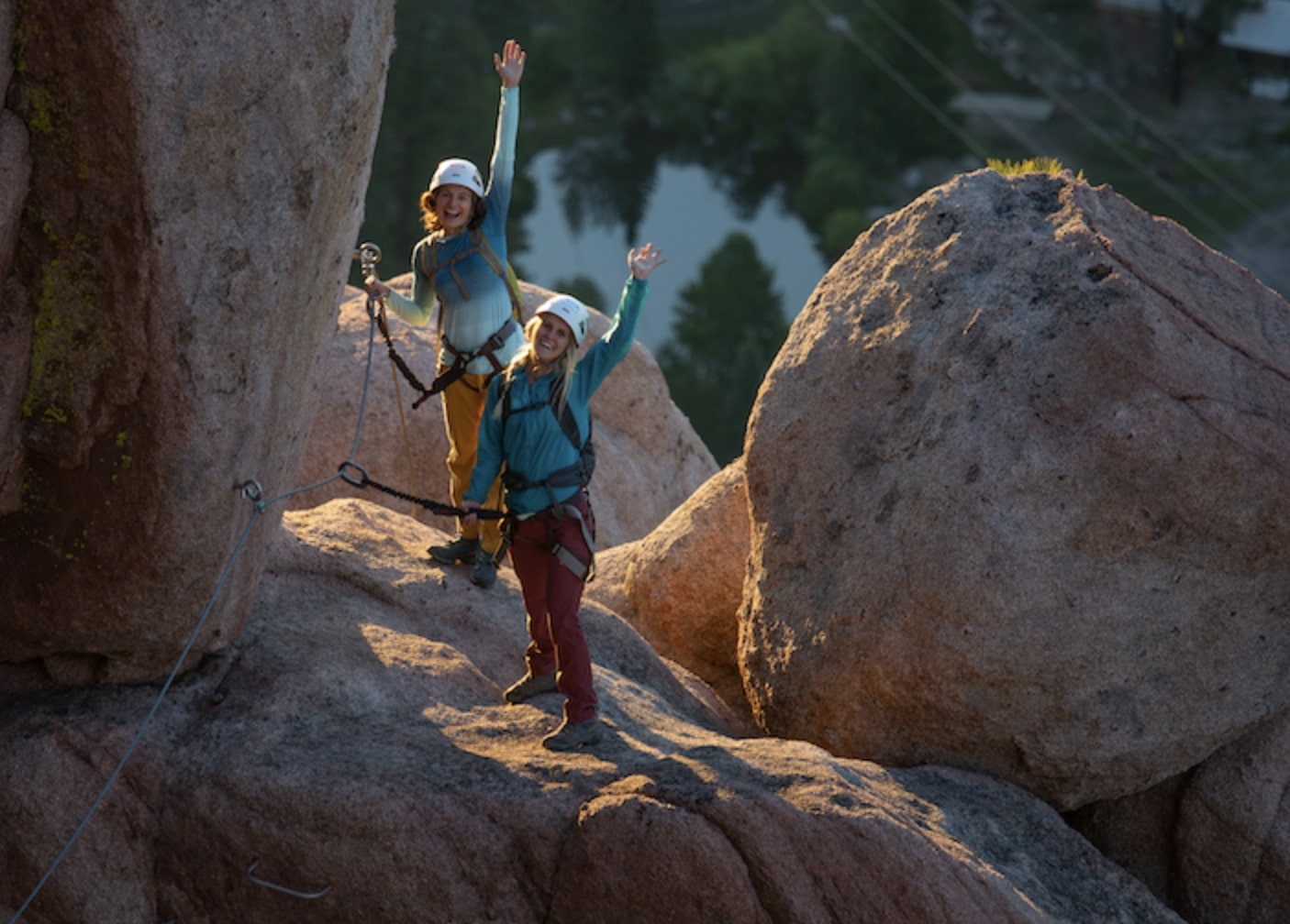 Female climbers posing on Via Ferrata in Lake Tahoe