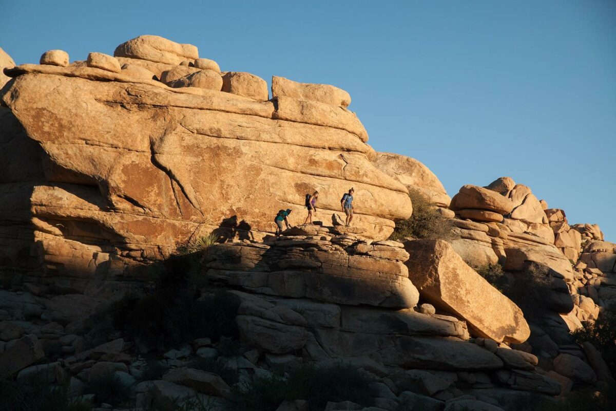 Hikers on a cliff in Joshua Tree National Park