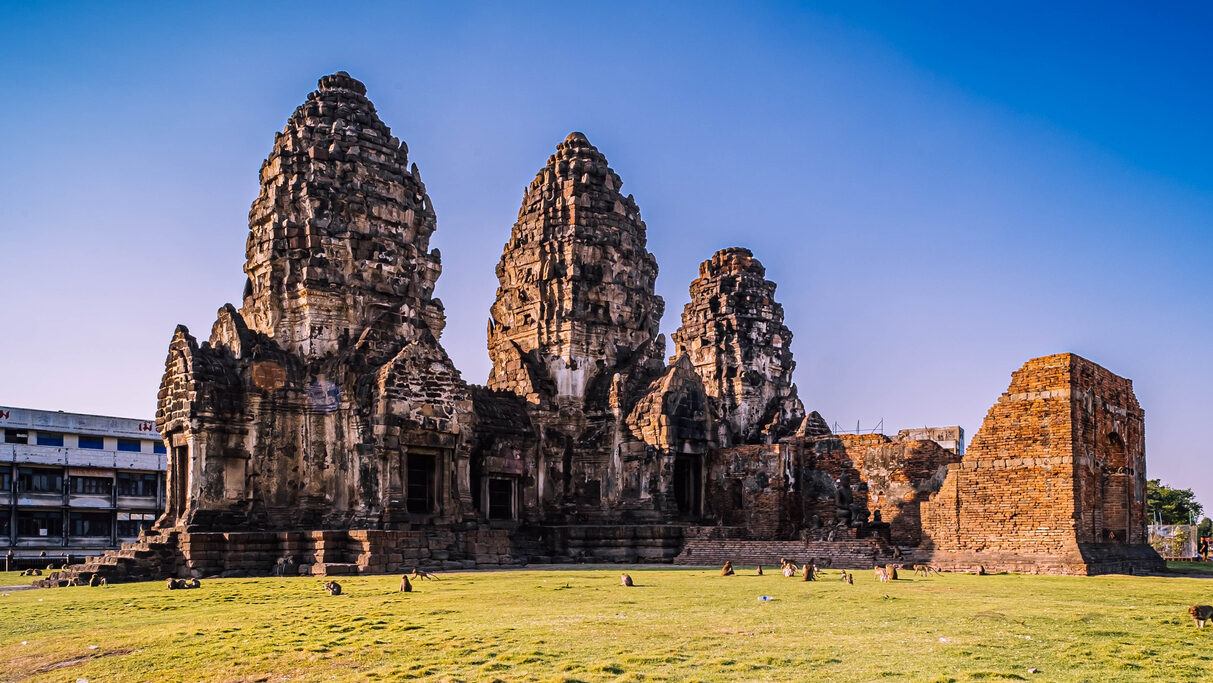 Lopburi Monkey Temple in Thailand. Phra Prang Sam Yot temple with monkey, ancient architecture in Lopburi, Thailand.