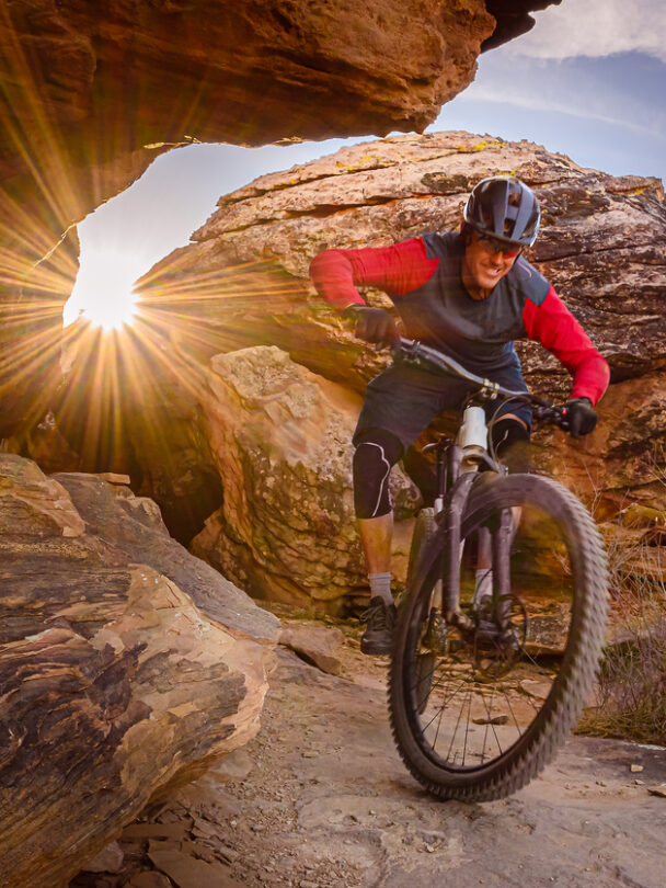 Coming off the mesa on Church Loop, mountain bike ride in Hurricane, Utah.