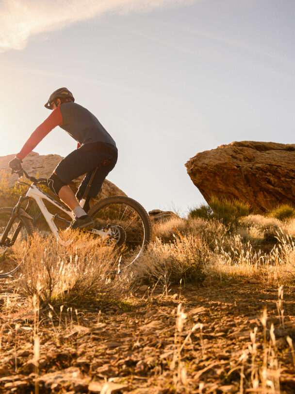 Coming off the mesa on Church Loop, mountain bike ride in Hurricane, Utah.