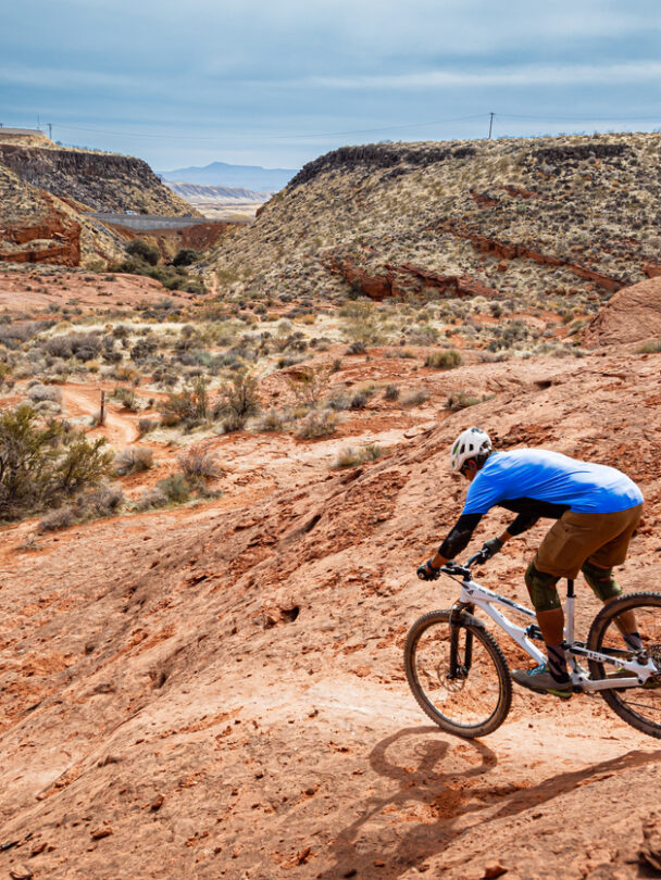 Coming off the mesa on Church Loop, mountain bike ride in Hurricane, Utah.