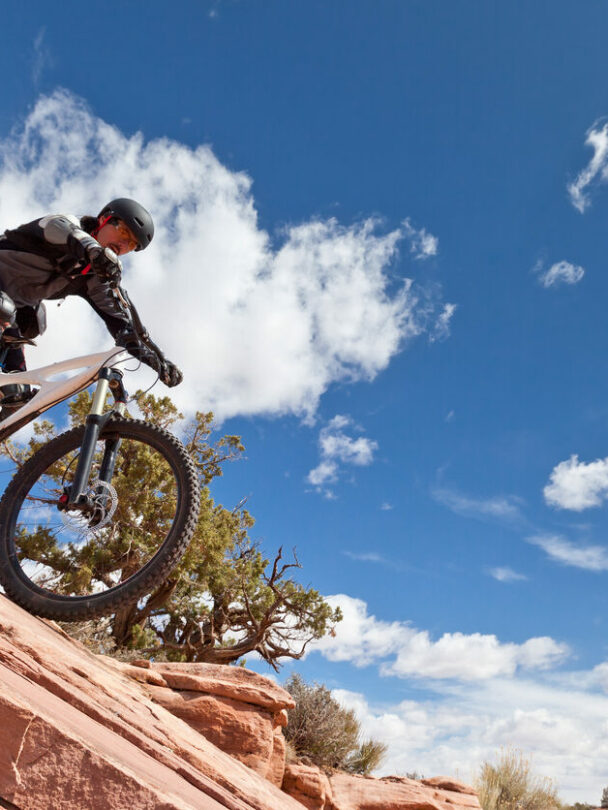 Coming off the mesa on Church Loop, mountain bike ride in Hurricane, Utah.