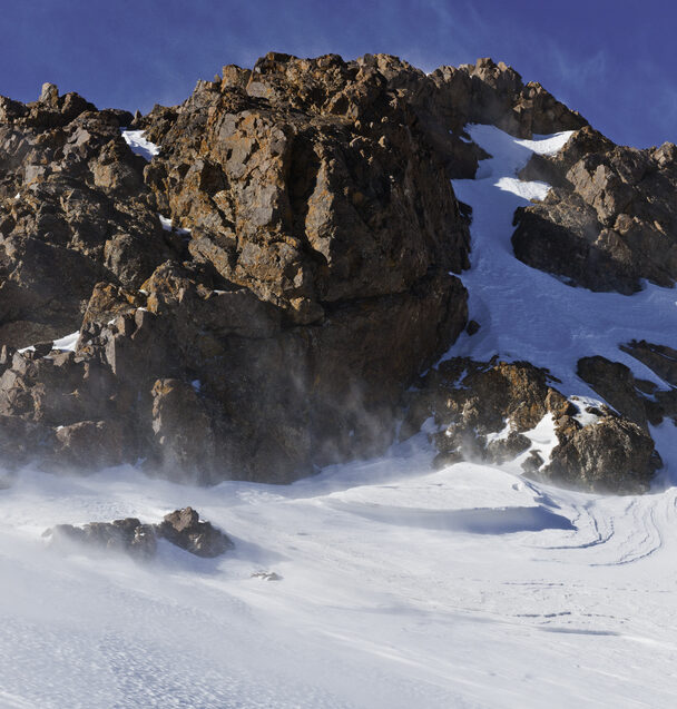 Toubkal national park in springtime with mount, cover by snow and ice, Refuge Toubkal, start point for hike to Jebel Toubkal, – highest peak of Atlas mountains and Morocco
