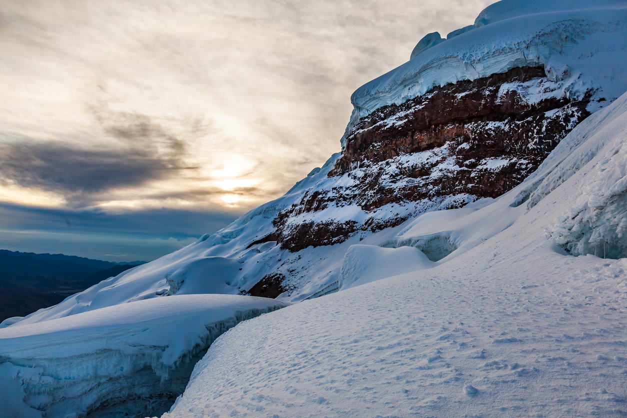 Rock and ice wall of the Cotopaxi volcano, called Yanasacha