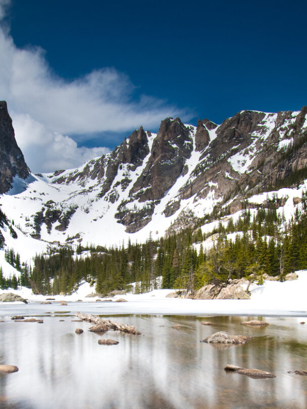 Longs Peak with trail map scene guiding your way many people die climbing this mountain. Estes Park , Colorado is near the Long Peak many many people attempt to climb this Peak and some do not survive. This shows the peak in Summer on a perfect day to climb. A colorado 14er