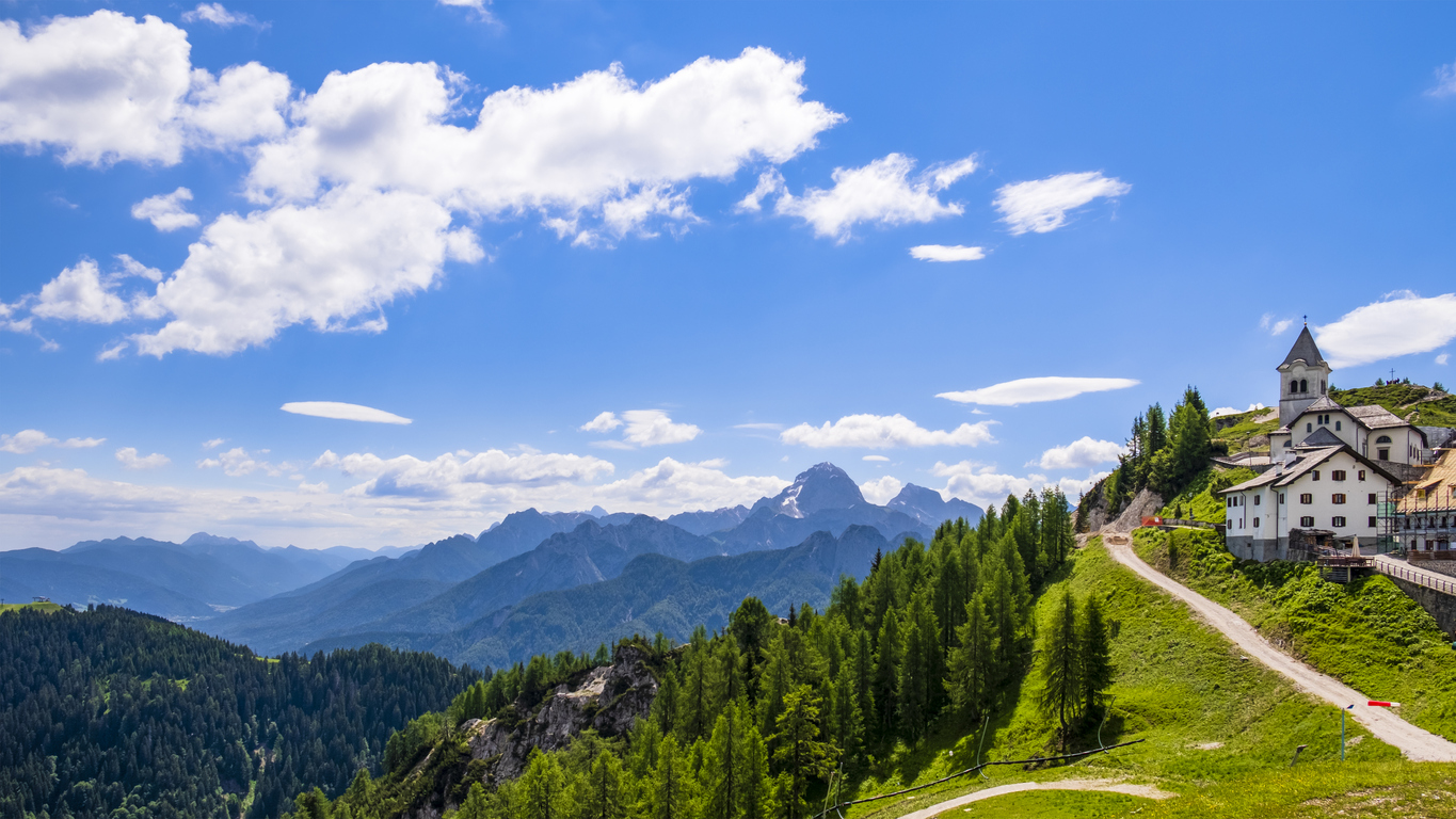 Village Lussari with the sanctuary on the Holy Mountain of Lussari (Monte Santo di Lussari) in the Julian Alps