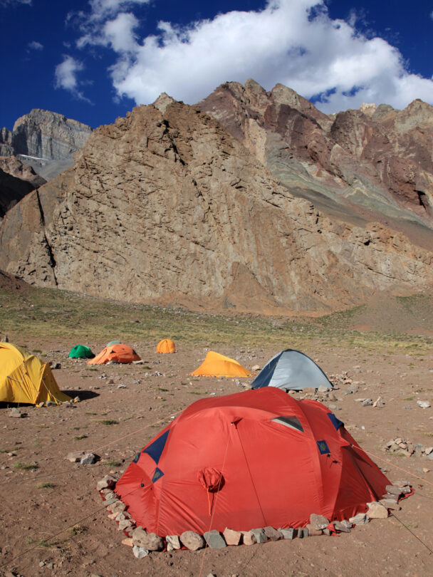 Alpine climbers acclimating at camp two of Aconcagua