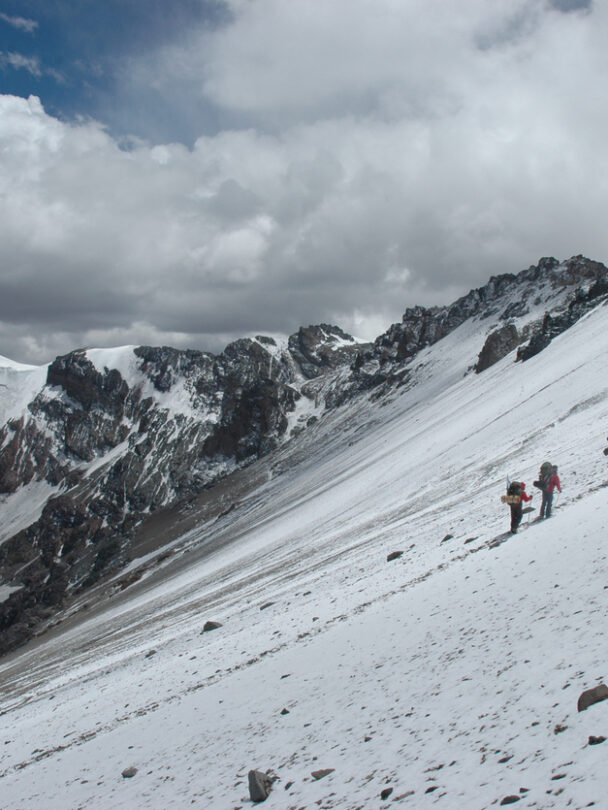 Alpine climbers acclimating at camp two of Aconcagua