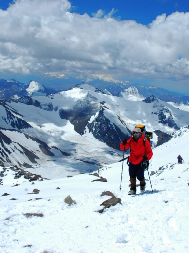 Alpine climbers acclimating at camp two of Aconcagua