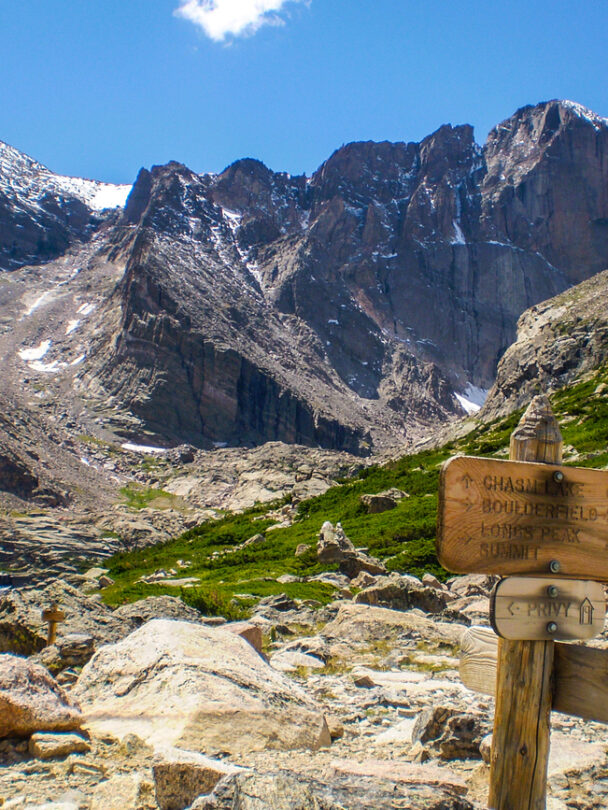 Longs Peak with trail map scene guiding your way many people die climbing this mountain. Estes Park , Colorado is near the Long Peak many many people attempt to climb this Peak and some do not survive. This shows the peak in Summer on a perfect day to climb. A colorado 14er