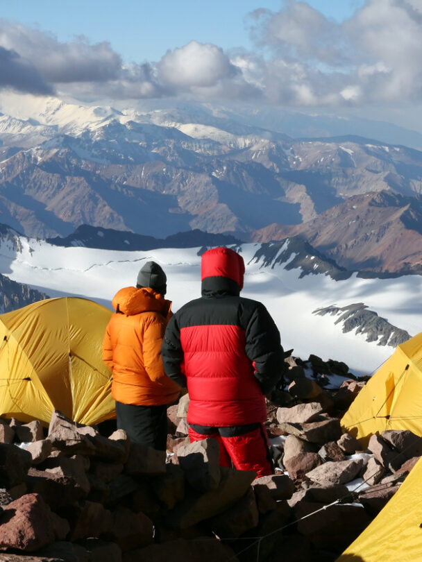 Alpine climbers acclimating at camp two of Aconcagua