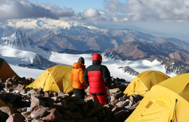 Alpine climbers acclimating at camp two of Aconcagua