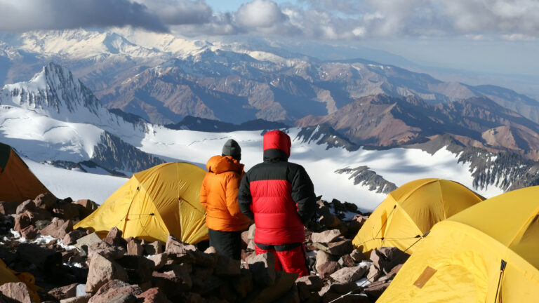 Alpine climbers acclimating at camp two of Aconcagua
