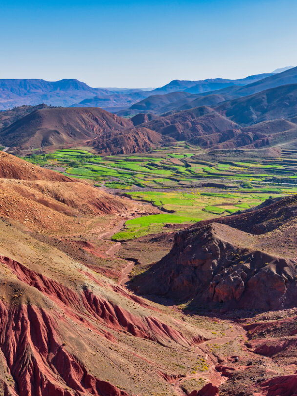 Toubkal national park in springtime with mount, cover by snow and ice, Refuge Toubkal, start point for hike to Jebel Toubkal, – highest peak of Atlas mountains and Morocco