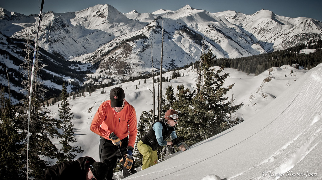 A group of people learning about avalanche on an AIARE Refresher course in Crested Butte