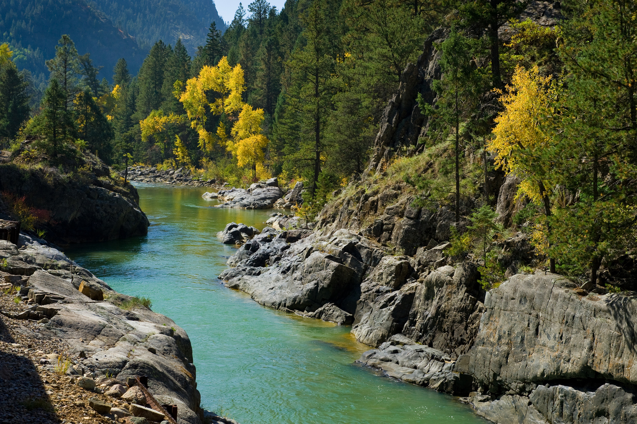 Animas River Fall in Canyon. View from the Silverton-Durango Narrow Gauge Train. Converted from 14-bit Raw file. sRGB color space.