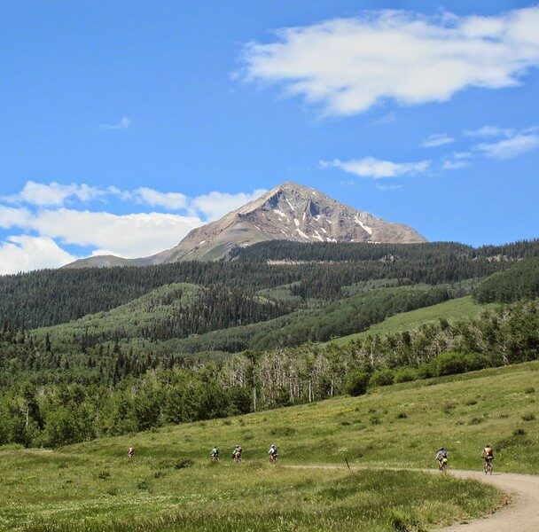 "mountain biker man on singletrack path surrounded by green mountain meadow while riding the colorado trail near molas pass in the san juan mountains above durango, colorado, usa. horizontal composition."