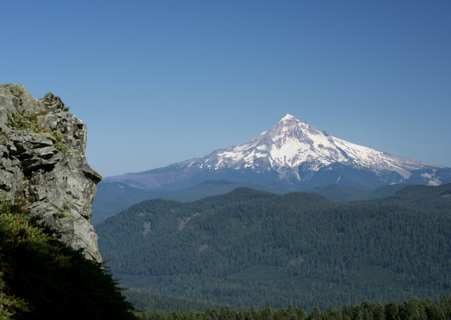 After climbing and topping out on French’s Dome, you get clear views of Mount Hood rising starkly from the National Forest