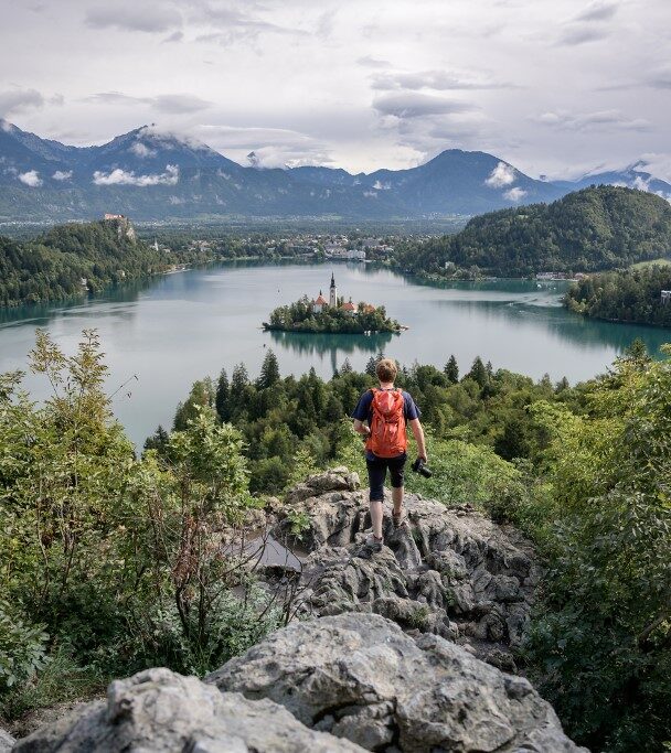 A person enjoying the panoramic views over lake Bled