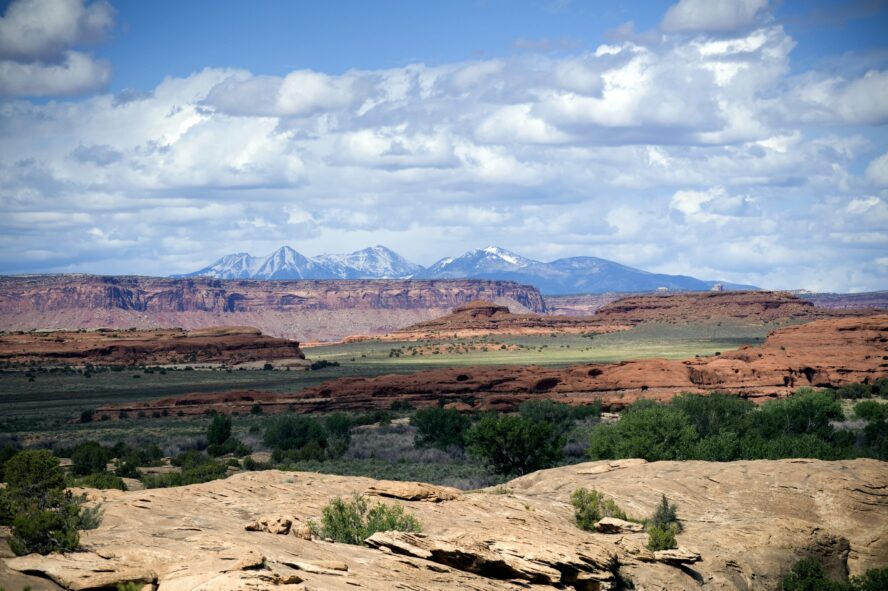 Looking west from Canyonlands National Park to Indian Creek and the La Sal Mountains.