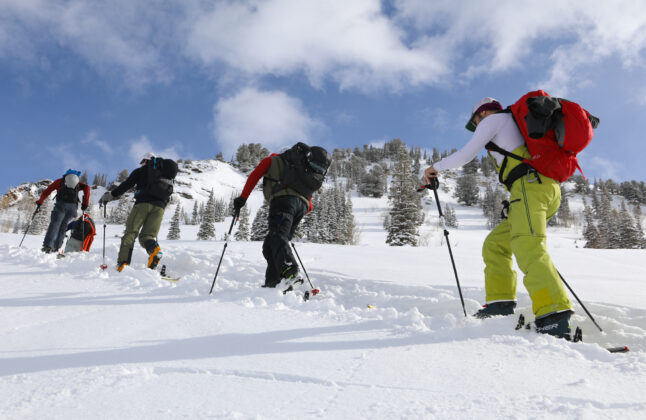Skiers learning about the avalanche