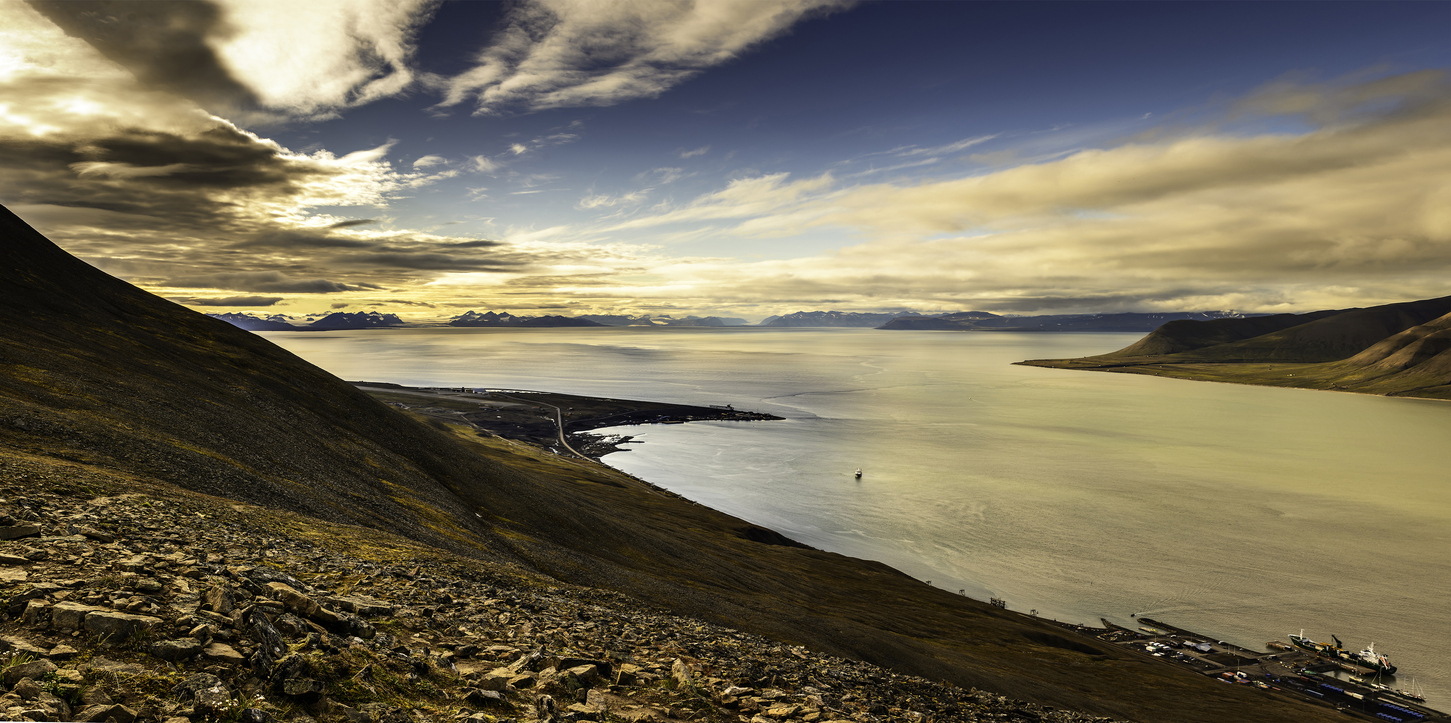 Arctic landscape in Spitzbergen -Svalbard. View across the Isfjord to the mountains on the other side of the Fjord.