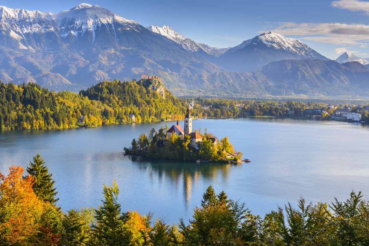 Panoramic view of Lake Bled from Mt. Osojnica, Slovenia