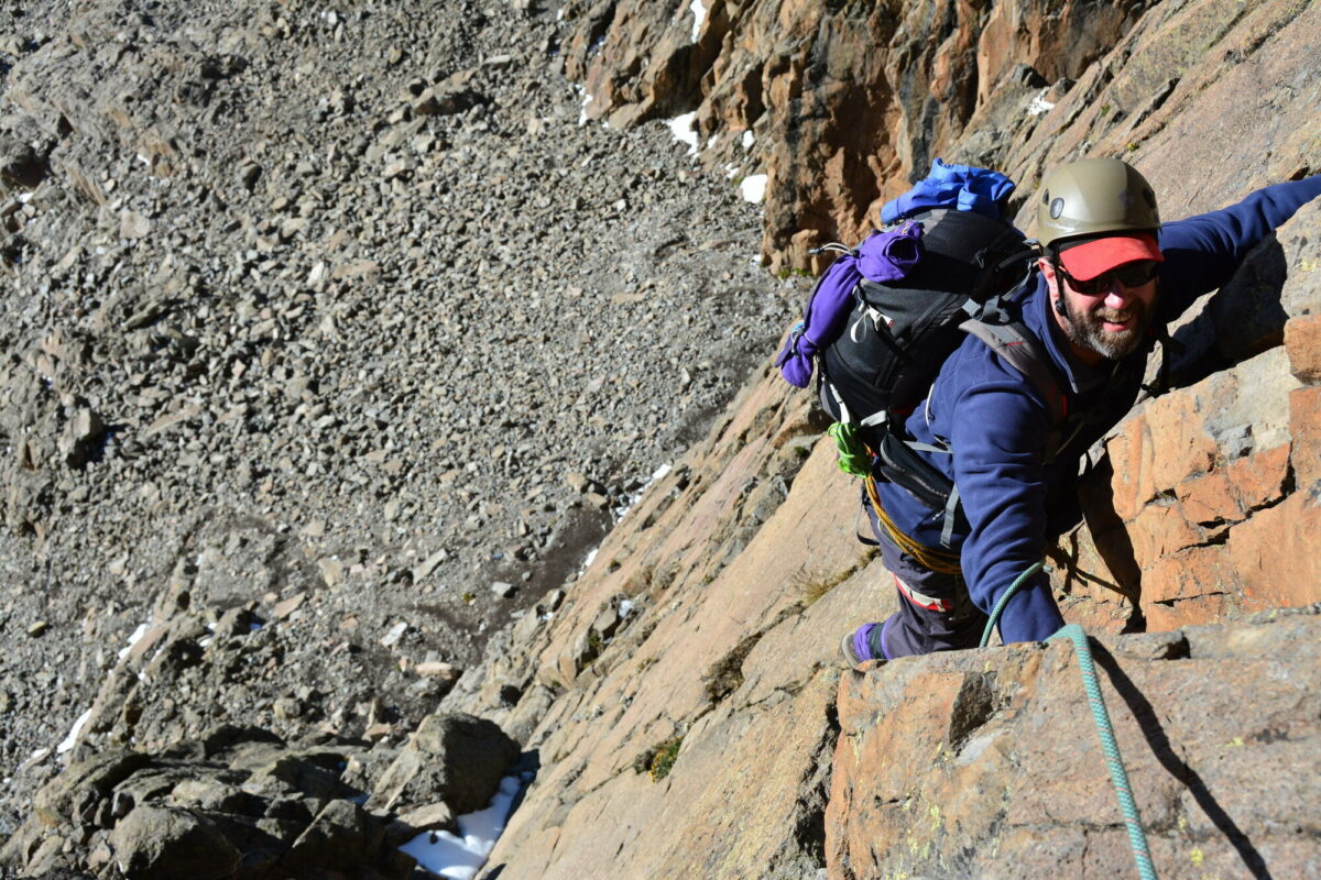 A climber on the lower parts of a cliff on Mt. Kenya