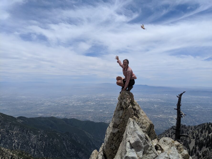 Liz Thomas on Cucamonga Peak, one of the best hikes in Southern California.