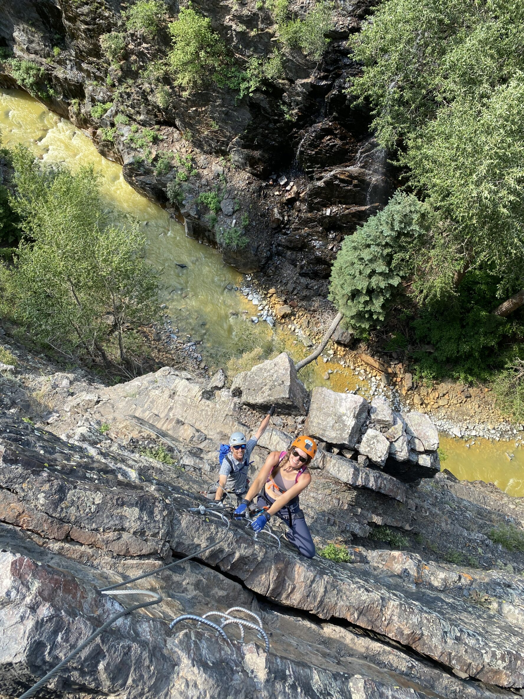 Climbers taking a photo on the Ouray via ferrata