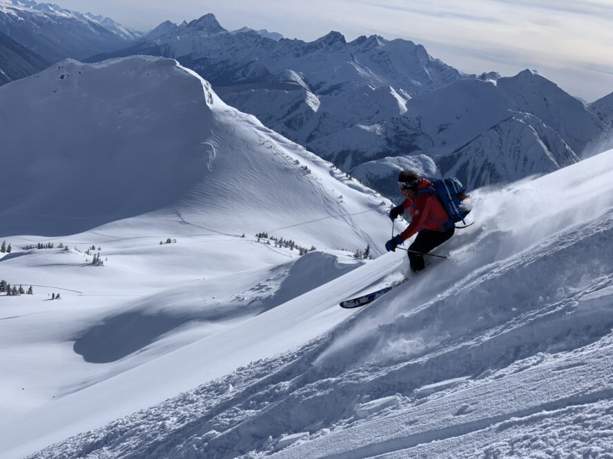  AIARE avalanche instructor, John Morrone, demonstrating his keen ability to “get the goods” above a backcountry lodge in British Columbia