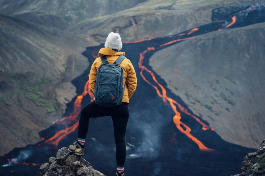 Watching the veins of lava slowly break through the crusted molten shell is one of the best parts of this Iceland volcano hike
