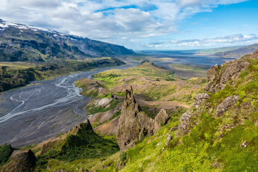 Valahnúkur mountain in the Þórsmörk valley is a forested oasis surrounded by dramatic glaciers.