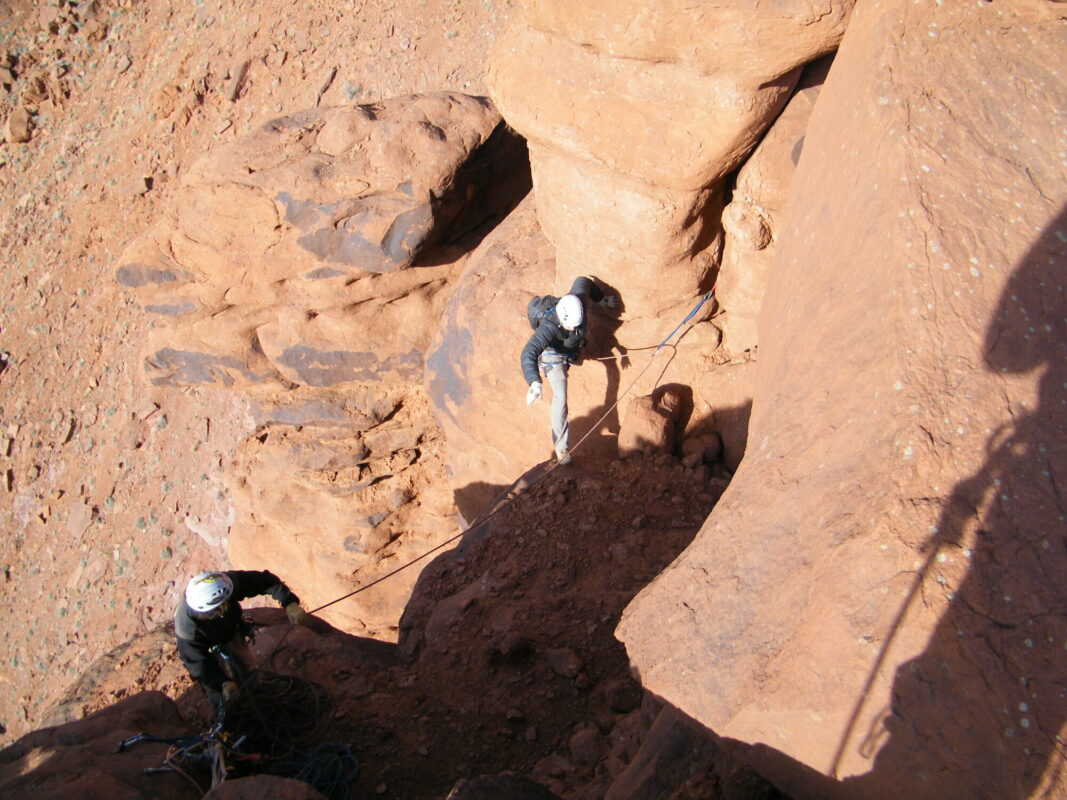 Climbers preparing equipment for a climb