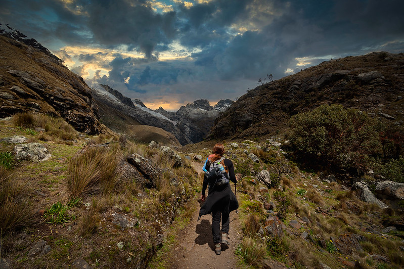 A woman hiking in the Cordillera Blanca